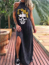 Load image into Gallery viewer, 2020 Summer Dress Women Casual Punk Loose Short Sleeve Skull Print Female Dress Streetwear Side High Split Flower Female Vestido
