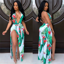 Load image into Gallery viewer, Adogirl Leaf Floral Print Women Sexy Summer Dress Deep V Neck Halter Backless High Slit Maxi Club Party Dress Beach Vestidos
