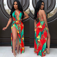 Load image into Gallery viewer, Adogirl Leaf Floral Print Women Sexy Summer Dress Deep V Neck Halter Backless High Slit Maxi Club Party Dress Beach Vestidos
