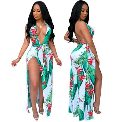 Adogirl Leaf Floral Print Women Sexy Summer Dress Deep V Neck Halter Backless High Slit Maxi Club Party Dress Beach Vestidos