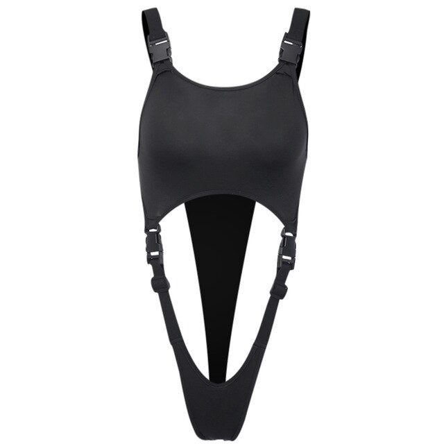 InstaHot Black Solid Sexy High Street Bodysuit Hollow Out Buckle Sleev –  JFB Fashion