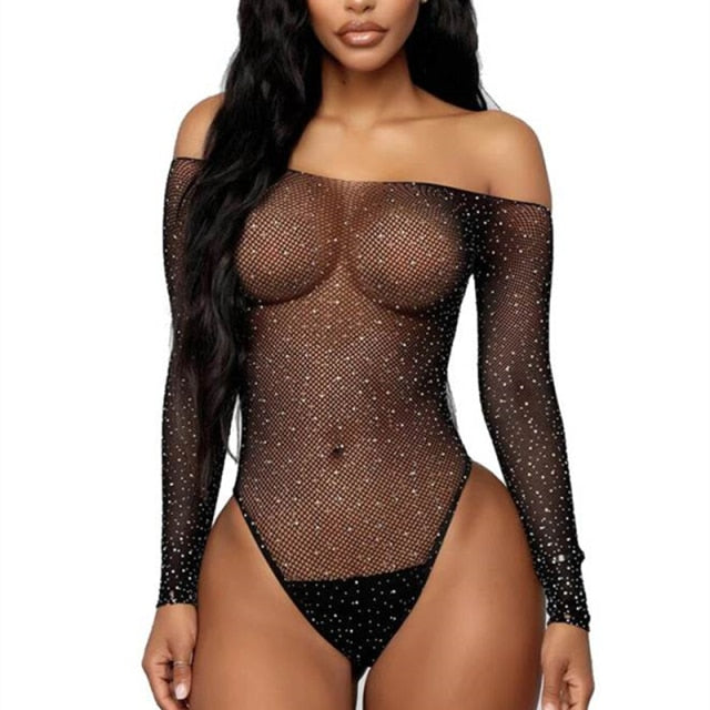 Beading Skinny Bodysuits Off Shoulder Sexy Diamonds Body Encaje Sparkle Transparent Women Attractive Long Sleeve Hollow R80877