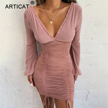 Load image into Gallery viewer, Articat Chiffon Summer Autumn Dress Women 2020 Sexy Long Sleeve Slim Elastic Bodycon Bandage Dress Short Pleated Party Dresses
