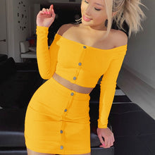 Load image into Gallery viewer, 2020 Sexy Off Shoulder Two Piece Set Solid Button Bodycon 2 Piece Set Women Long Sleeve Top And Skirt Summer Autumn Sets
