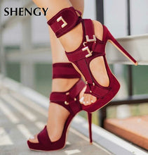 Load image into Gallery viewer, 2020 Women Platform Sandals Open Toe Cut Out High Heels Shoes Hook-and-Loop Ankle Strap Sexy Stiletto Shoes Buckle Decor Sandals
