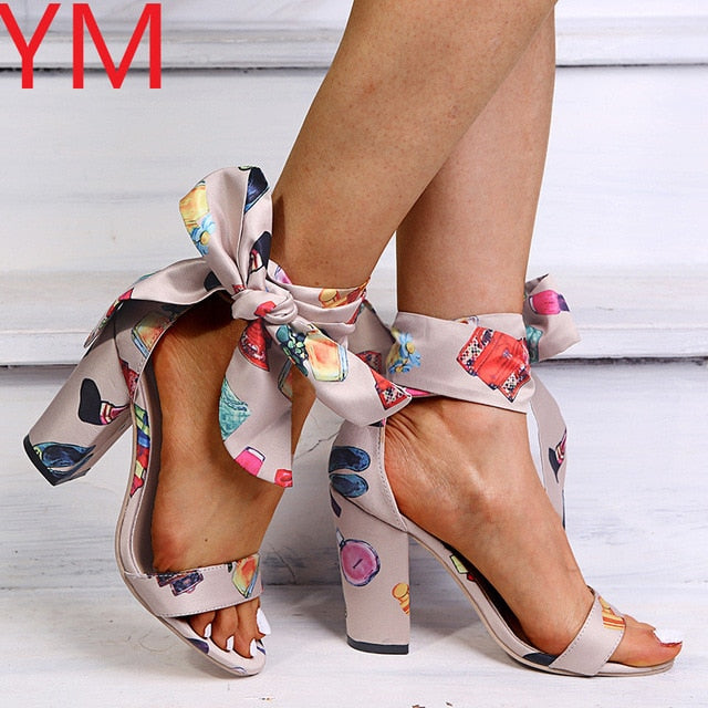 2020 Women Summer Sandals Bowknot High Square Heel Open Toe Leather Heels Pumps Shoes 10 CM Female Fashion Gladiator Ankle Strap