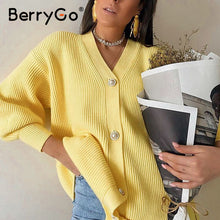 Load image into Gallery viewer, BerryGo Casual v-neck knitted kimono cardigan women Autumn winter lantern sleeve button female cardigan 2020 Streetwear sweaters
