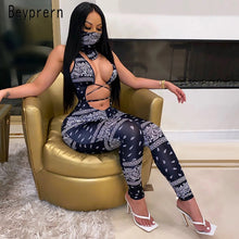 Load image into Gallery viewer, Beyprern Vintage Hollow Out Printed Laced Jumpsuit With Scarf Women Sexy Cut Out Bandage Long Pants Jumpsuit Romper Club Outfits
