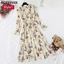 Load image into Gallery viewer, BGTEEVER Spring Stand Collar Floral Print Women Dress Lace Up Female Pleated Dress Summer Party Midi Chiffon Vestidos femme 2021
