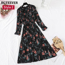 Load image into Gallery viewer, BGTEEVER Spring Stand Collar Floral Print Women Dress Lace Up Female Pleated Dress Summer Party Midi Chiffon Vestidos femme 2021
