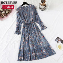 Load image into Gallery viewer, BGTEEVER Spring Stand Collar Floral Print Women Dress Lace Up Female Pleated Dress Summer Party Midi Chiffon Vestidos femme 2021
