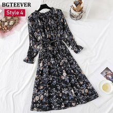 Load image into Gallery viewer, BGTEEVER Spring Stand Collar Floral Print Women Dress Lace Up Female Pleated Dress Summer Party Midi Chiffon Vestidos femme 2021
