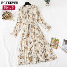 Load image into Gallery viewer, BGTEEVER Spring Stand Collar Floral Print Women Dress Lace Up Female Pleated Dress Summer Party Midi Chiffon Vestidos femme 2021
