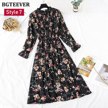 Load image into Gallery viewer, BGTEEVER Spring Stand Collar Floral Print Women Dress Lace Up Female Pleated Dress Summer Party Midi Chiffon Vestidos femme 2021
