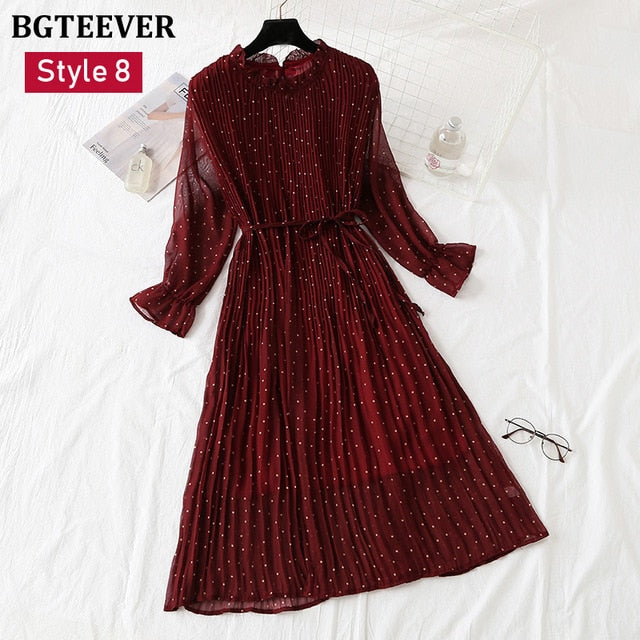 BGTEEVER Spring Stand Collar Floral Print Women Dress Lace Up Female Pleated Dress Summer Party Midi Chiffon Vestidos femme 2021