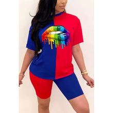 Load image into Gallery viewer, 2021 New Summer Women Fashion Rainbow Lip Print Sportswear Top and Shorts 2pc Set Ladies Casual O-Neck Pullover Short Sleeve T-Shirt
