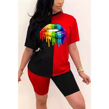 Load image into Gallery viewer, 2021 New Summer Women Fashion Rainbow Lip Print Sportswear Top and Shorts 2pc Set Ladies Casual O-Neck Pullover Short Sleeve T-Shirt
