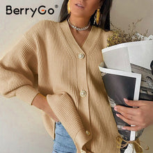 Load image into Gallery viewer, BerryGo Casual v-neck knitted kimono cardigan women Autumn winter lantern sleeve button female cardigan 2020 Streetwear sweaters
