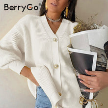 Load image into Gallery viewer, BerryGo Casual v-neck knitted kimono cardigan women Autumn winter lantern sleeve button female cardigan 2020 Streetwear sweaters
