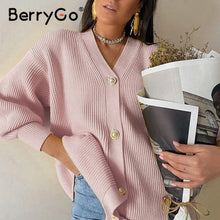 Load image into Gallery viewer, BerryGo Casual v-neck knitted kimono cardigan women Autumn winter lantern sleeve button female cardigan 2020 Streetwear sweaters
