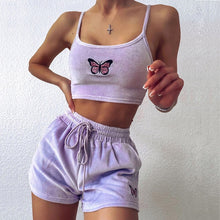 Load image into Gallery viewer, Aproms Yellow Velvet Crop Top and Shorts Women 2 Pieces Set Summer Embroidery Cami Drawstring Shorts Female Loungewear Suit 2021
