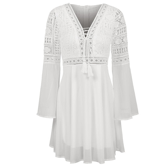 Anself Sexy Women's Dress V-Neck Hollow Out Long Sleeve Mini Chiffon Dress Elegant White Boho Woman Dress Casual Lace Vestido