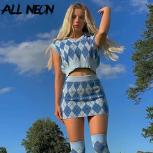 Load image into Gallery viewer, ALLNeon Y2K Aesthetics Argyle Plaid Knitted Co-ords Set E-girl Sleeveless Tank Tops and Mini Skirt Suit 2 Piece Vintage 90s Fall
