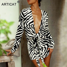 Load image into Gallery viewer, Articat Zebra Print Bandage Shirt Dress Women V-Neck Outwear Female Long Sleeve Autumn Beachwear Women Printed Shirts Dress
