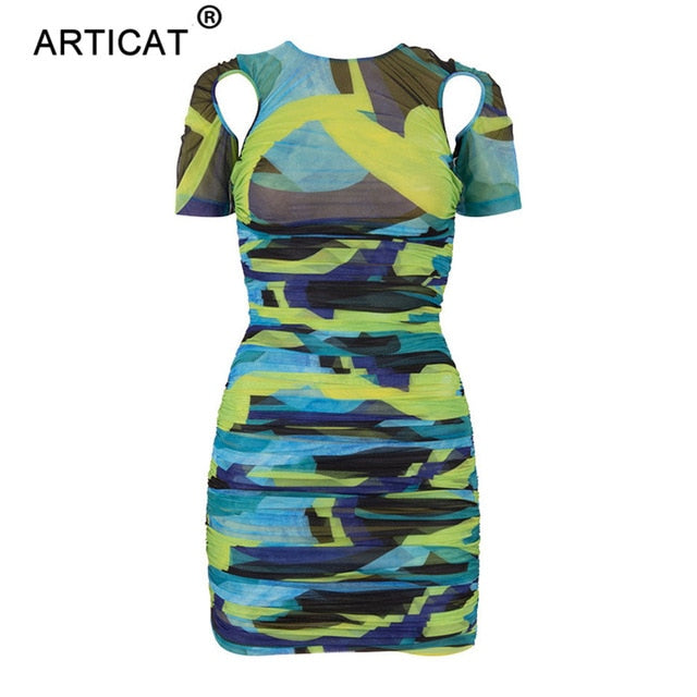 Articat Print Hollow Out Ruched Dress For Women O Neck Short Sleeve Bodycon Mini Dress Ladies Streetwear Elegant Party Vestidos