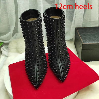 Big Size Sexy Full Studs Stilettos Thin High Heels Pointy Toe Black Leather Women Ankle Boots