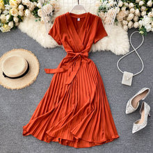 Load image into Gallery viewer, Autumn Fashion New Female Solid Pleated Dress Women V neck Short Sleeves Sashes Long Dresses Summer Streetwear Vintage
