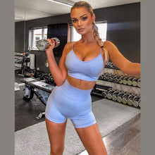 Load image into Gallery viewer, Shirts Legging Work-out Suit 2 Piece Sports Short Sleeve Crop Top High Waist Running Legging Set Gym Clothing Fitness Tracksuit
