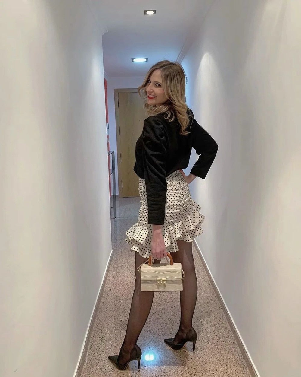 2021 new JFB women vanilla polka dot High-waisted mini skirt Ruching detail Ruffled hem Back hidden in-seam zip closure skirt
