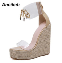 Load image into Gallery viewer, Aneikeh Fashion PVC Sandal Women Transparent Lace-Up Butterfly-Knot Wedges High Heels Black Gold Party Daily Pumps Shoes Concise
