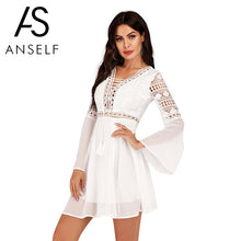 Load image into Gallery viewer, Anself Sexy Women&#39;s Dress V-Neck Hollow Out Long Sleeve Mini Chiffon Dress Elegant White Boho Woman Dress Casual Lace Vestido
