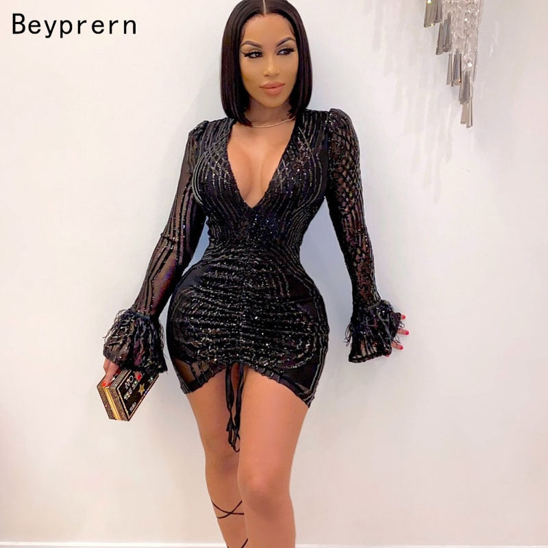 Beyprern Beautiful Sequin Glam Mini Dress Elegant Ruched Feather Patchwork Bodycon White New Year Party Dress Chirstmas Outfits