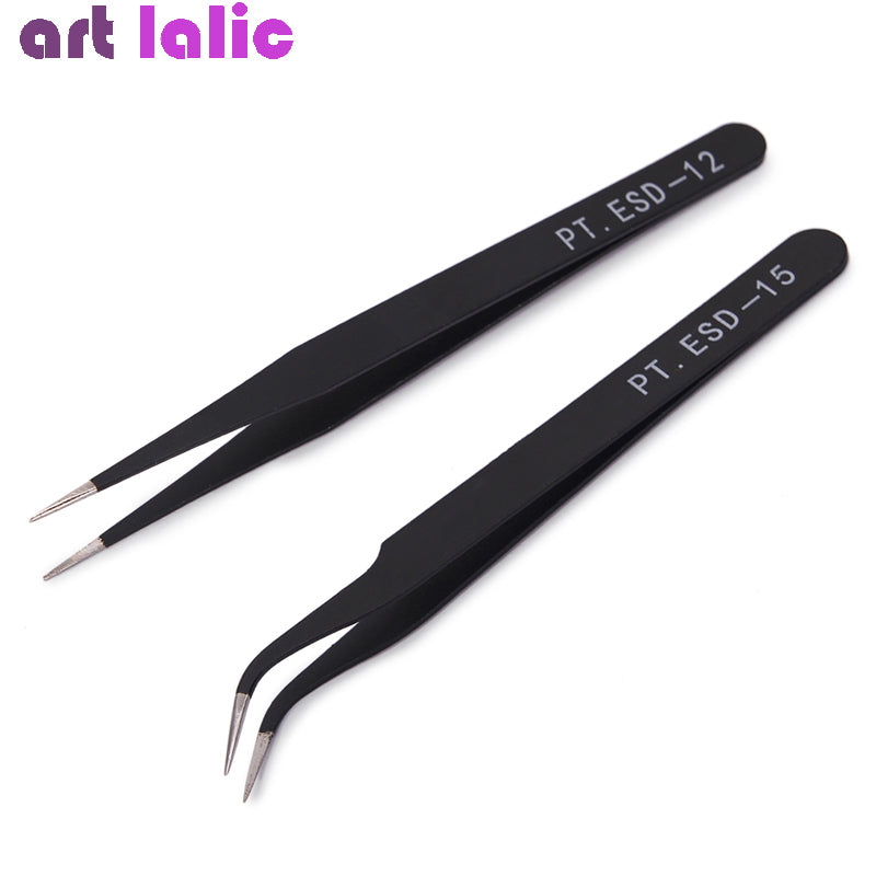 2Pcs Stainless Steel Curved Straight Black Tweezer