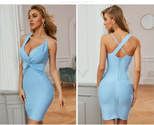 Load image into Gallery viewer, Adyce 2021 New Winter Women Hater V Neck Club Bodycon Bandage Dress Sexy Sleeveless Sky Blue Mini Celebrity Runway Party Dresses
