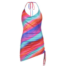 Load image into Gallery viewer, BIIKPIIK Halter Backless Striped Colorful Mini Bodycon Dress Clubwear Drawstring Sexy Party Wear Casual  Backless Dresses
