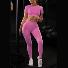 Load image into Gallery viewer, Shirts Legging Work-out Suit 2 Piece Sports Short Sleeve Crop Top High Waist Running Legging Set Gym Clothing Fitness Tracksuit
