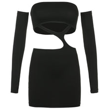 Load image into Gallery viewer, BIIKPIIK Slash Neck Hollow Out Women Mini Dress Solid Sexy Party Clubwear 2020 Long Sleeve Casual Dresses Female Outifits
