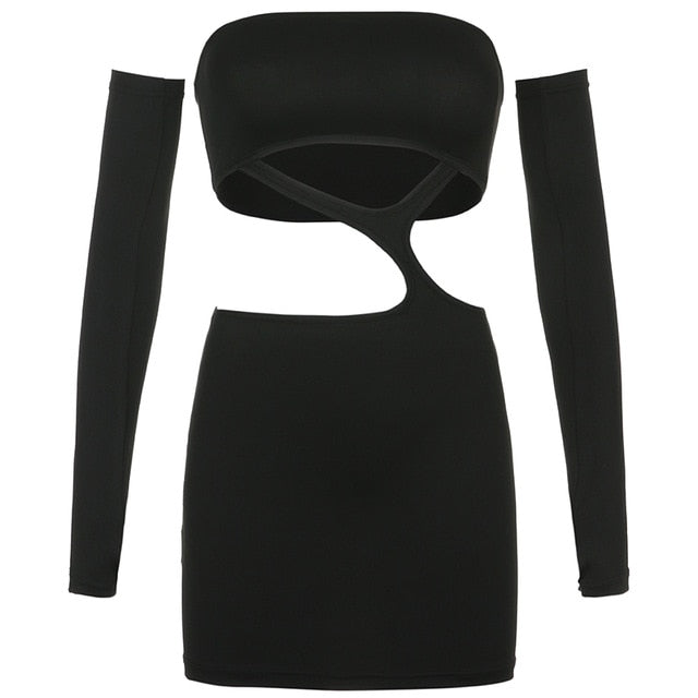 BIIKPIIK Slash Neck Hollow Out Women Mini Dress Solid Sexy Party Clubwear 2020 Long Sleeve Casual Dresses Female Outifits