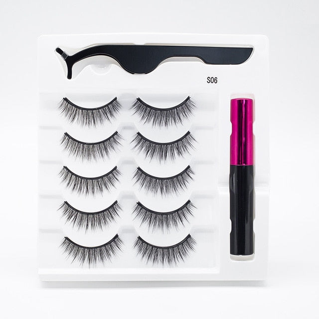5 Pairs/Set Magnetic Eyelashes False Lashes Repeated Use Eyelashes Waterproof Liquid Eyeliner With Tweezer Makeup Set