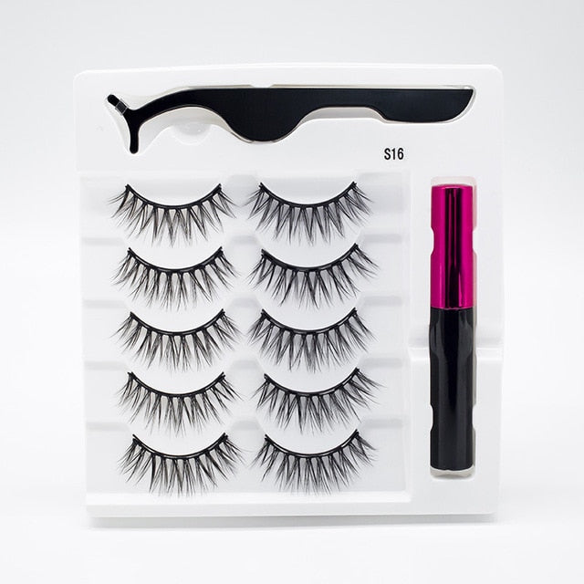5 Pairs/Set Magnetic Eyelashes False Lashes Repeated Use Eyelashes Waterproof Liquid Eyeliner With Tweezer Makeup Set
