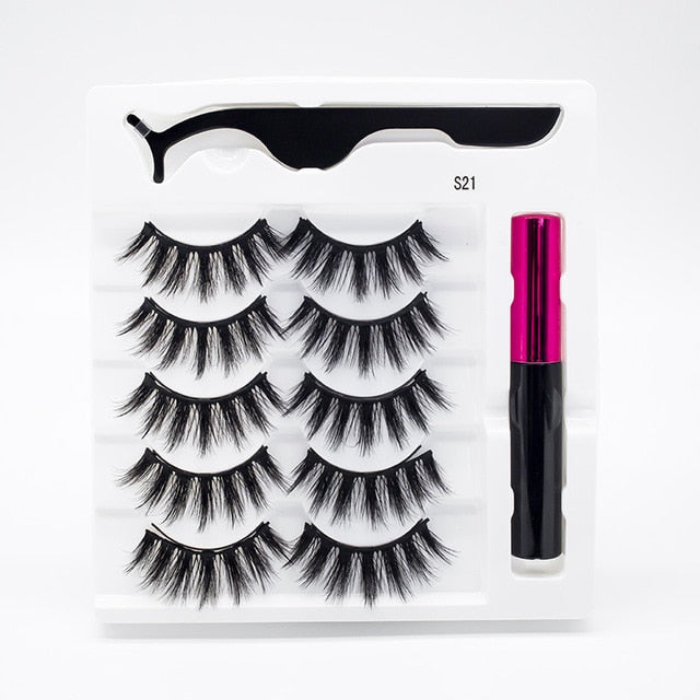 5 Pairs/Set Magnetic Eyelashes False Lashes Repeated Use Eyelashes Waterproof Liquid Eyeliner With Tweezer Makeup Set
