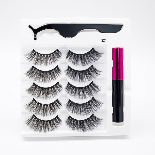 5 Pairs/Set Magnetic Eyelashes False Lashes Repeated Use Eyelashes Waterproof Liquid Eyeliner With Tweezer Makeup Set