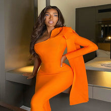 Load image into Gallery viewer, 8 Colors High Quality Runway Bownot One Sleeve Orange Purple Long Sleeve Rayon Bandage Dress Party Bodycon Dress Vestidos
