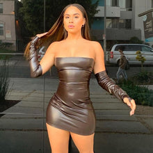 Load image into Gallery viewer, 2021 Yuqung Women PU Faux Leather Off Shoulder Slash Neck Bodycon Short Mini Dress With Gloves Black Sexy Party Club Bandage 3 Colors
