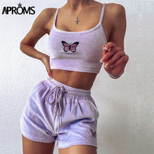 Load image into Gallery viewer, Aproms Yellow Velvet Crop Top and Shorts Women 2 Pieces Set Summer Embroidery Cami Drawstring Shorts Female Loungewear Suit 2021
