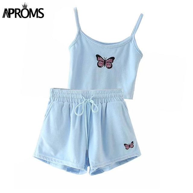 Aproms Yellow Velvet Crop Top and Shorts Women 2 Pieces Set Summer Embroidery Cami Drawstring Shorts Female Loungewear Suit 2021